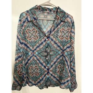 Paisley Medallion Button-Front Blouse – Blue & Teal